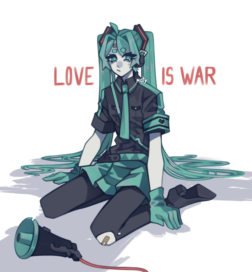 1girl, :/, absurdres, aqua_eyes, aqua_gloves, aqua_hair, aqua_necktie, bandaid