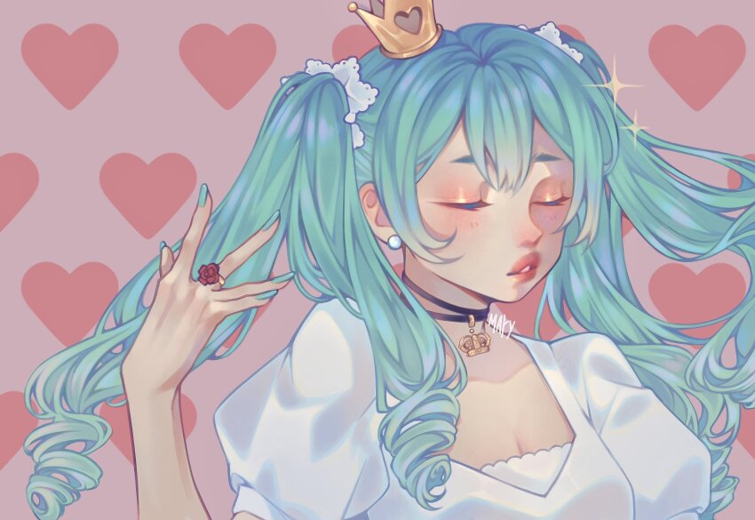 1girl, absurdres, aqua_hair, aqua_nails, black_choker, breasts, choker, cleavage