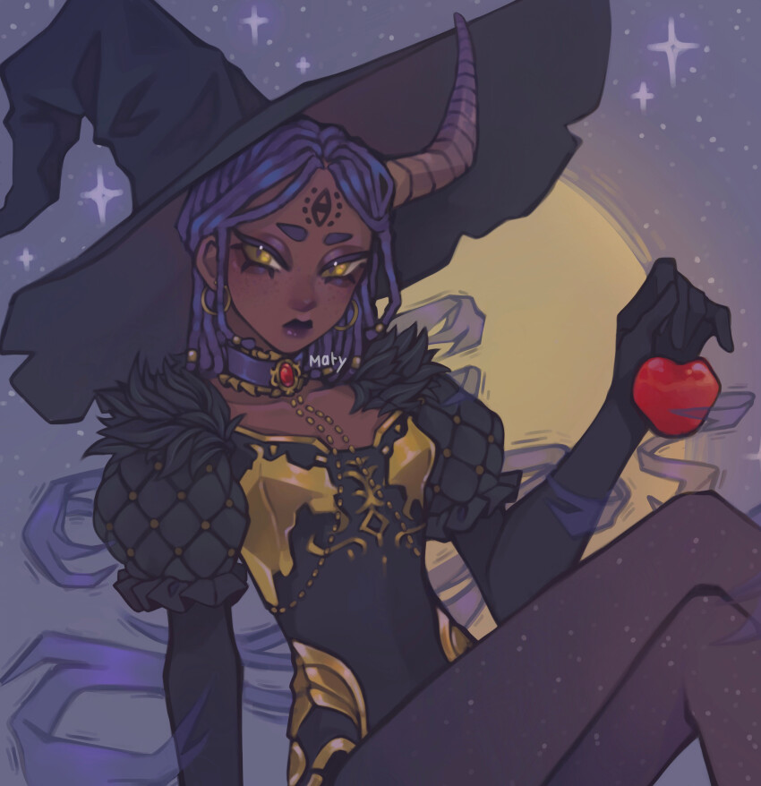 absurdres, apple, black_gloves, black_pantyhose, breasts, collar, commentary, crossed_legs, dark-skinned_female, dark_skin, dreadlocks, earrings, elbow_gloves, facial_mark, food, forehead_mark, fruit, gloves, hat, highres, holding, holding_food, holding_fruit, hoop_earrings, horns, identity_v, jewelry, maty_(sesamii.seed), pantyhose, patricia_dorval, puffy_short_sleeves, puffy_sleeves, purple_collar, purple_hair, purple_lips, short_sleeves, signature, single_horn, slit_pupils, small_breasts, very_dark_skin, witch_hat, yellow_eyes