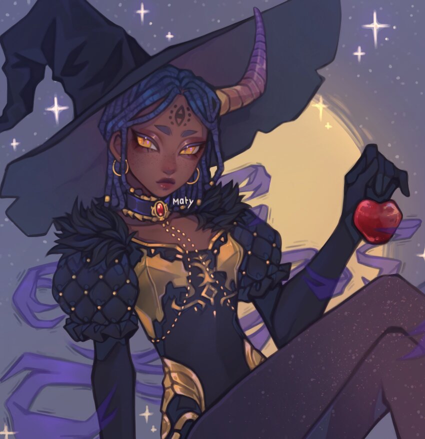 absurdres, apple, black_gloves, black_pantyhose, blue_hair, breasts, collar, commentary, crossed_legs, dark-skinned_female, dark_skin, dreadlocks, earrings, elbow_gloves, english_commentary, facial_mark, food, forehead_mark, fruit, gloves, hat, highres, holding, holding_food, holding_fruit, hoop_earrings, horns, identity_v, jewelry, maty_(sesamii.seed), orange_eyes, pantyhose, patricia_dorval, puffy_short_sleeves, puffy_sleeves, purple_collar, red_lips, revision, short_sleeves, signature, single_horn, slit_pupils, small_breasts, very_dark_skin, witch_hat
