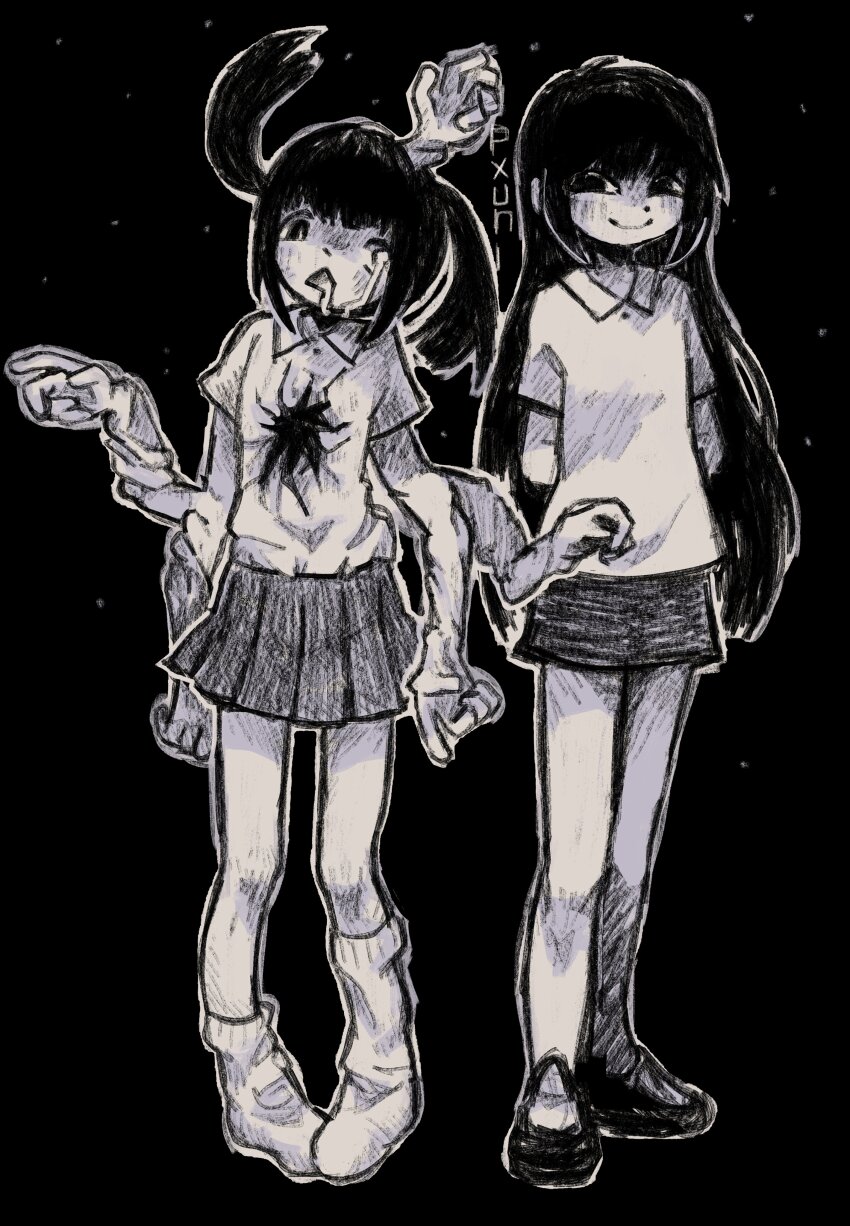 2girls, :<, absurdres, arms_at_sides, arms_behind_back, black_background, black_eyes, black_hair