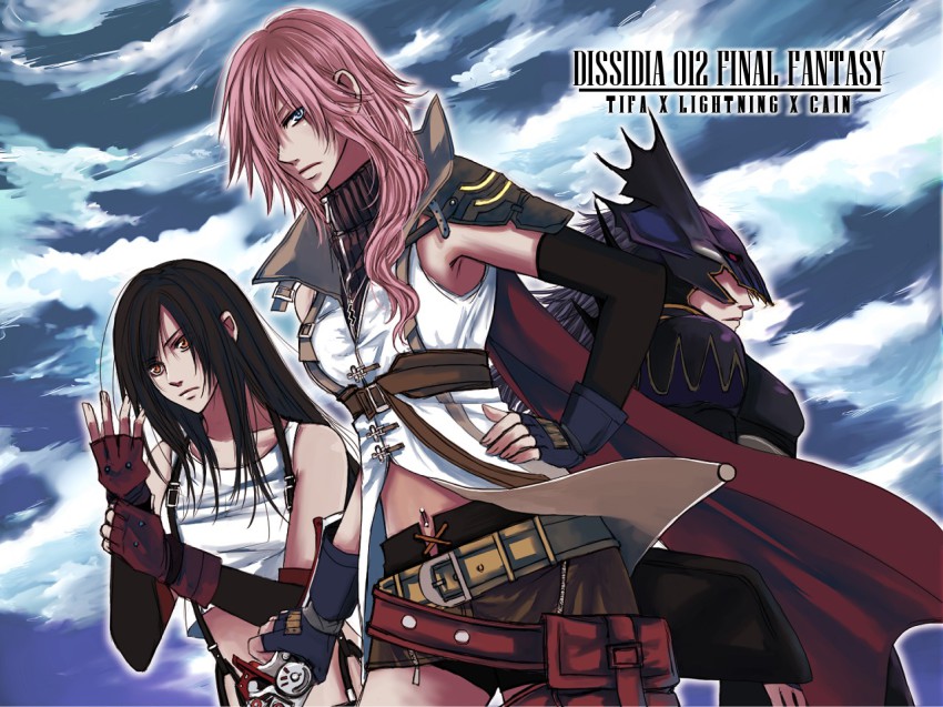 10s, 1990s_(style), 1boy, 2girls, armband, black_hair, cain_highwind, cape