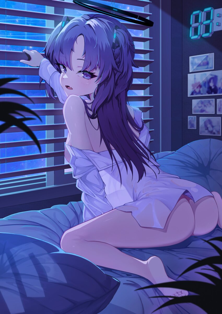 1girl, absurdres, ass, bare_shoulders, barefoot, bed, blue_archive, bottomless