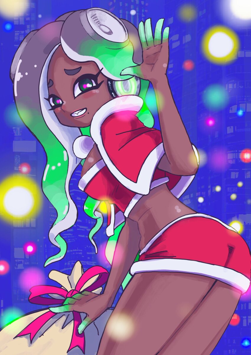 1girl, ass, bag, breasts, christmas, cleavage, crop_top, dark-skinned_female