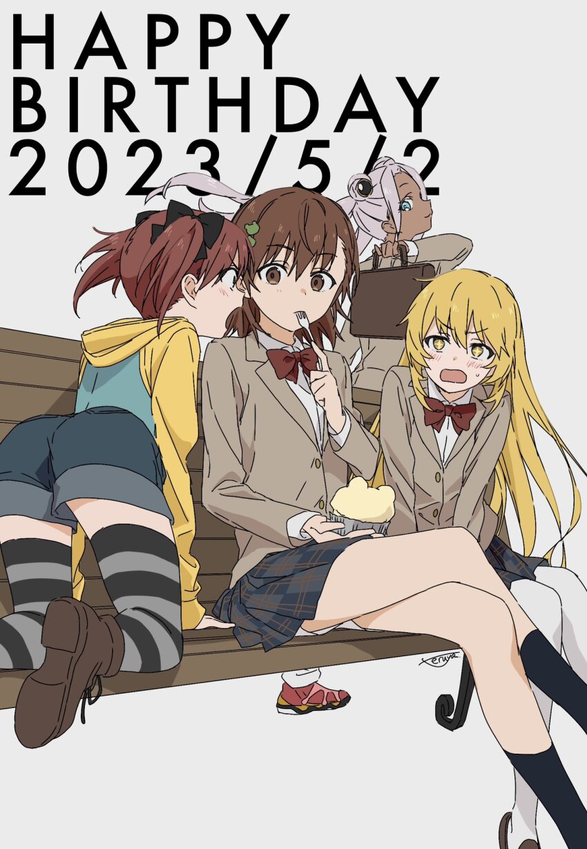 4girls, aged_down, ass, bag, black_ribbon, black_socks, blazer, blonde_hair, blue_eyes, bow, bowtie, bright_pupils, brown_eyes, brown_footwear, brown_hair, brown_jacket, child, dark-skinned_female, dark_skin, female_focus, food, fork, frog_hair_ornament, ganguro, gekota, gyaru, hair_ornament, hair_ribbon, happy_birthday, highres, holding, holding_bag, holding_food, holding_fork, hood, hood_down, hoodie, jacket, kneehighs, long_hair, long_sleeves, medium_hair, misaka_mikoto, multiple_girls, on_bench, pink_hair, pleated_skirt, red_bow, red_bowtie, red_footwear, ribbon, school_uniform, shin'enkouji_rurikakesu, shirai_kuroko, shirai_kuroko_(young), shokuhou_misaki, shorts, sitting, skirt, socks, sparkling_eyes, star-shaped_pupils, star_(symbol), striped_clothes, striped_thighhighs, sweatdrop, symbol-shaped_pupils, teruya_(6w6y), thighhighs, thighs, toaru_kagaku_no_railgun, toaru_kagaku_no_railgun_f, toaru_majutsu_no_index, tokiwadai_school_uniform, twintails, very_long_hair, winter_uniform, yellow_eyes, yellow_pupils