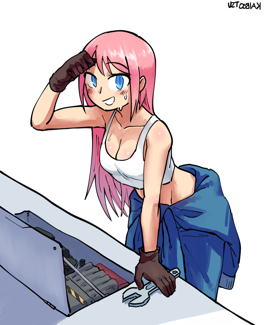 1girl, absurdres, artist_name, blue_eyes, blue_jumpsuit, breasts, brown_gloves, gloves