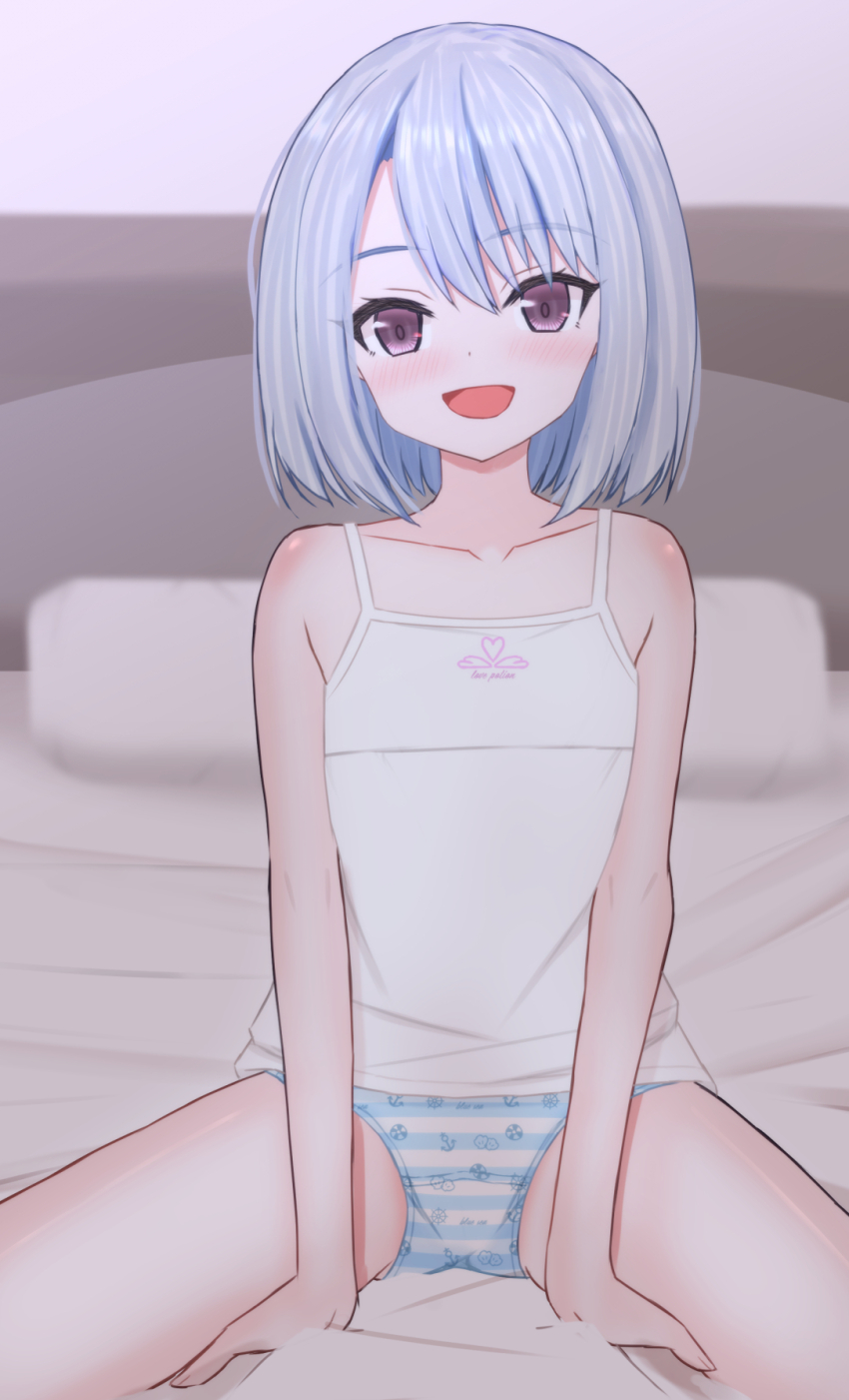 1girl, anchor_print, bed, blue_hair, blue_panties, blush, camisole, camisole_writing, clothes_writing, collarbone, crotch_seam, female_focus, flat_chest, heart, heart_print, highres, lifebuoy_print, loli, looking_at_viewer, on_bed, open_mouth, original, panties, panty_writing, pillow, pink_eyes, print_camisole, print_panties, shell, shell_print, shirt_writing, shooko, short_hair, sitting, smile, solo, spread_legs, steering_wheel_print, striped_clothes, striped_panties, underwear, white_camisole