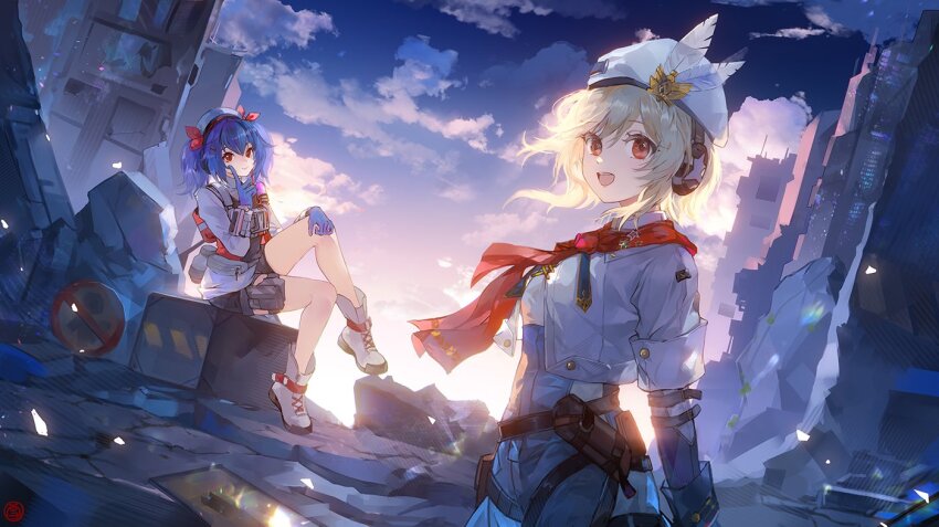 2girls, arm_behind_back, blonde_hair, blue_gloves, blue_hair, boots, cloud, cloudy_sky