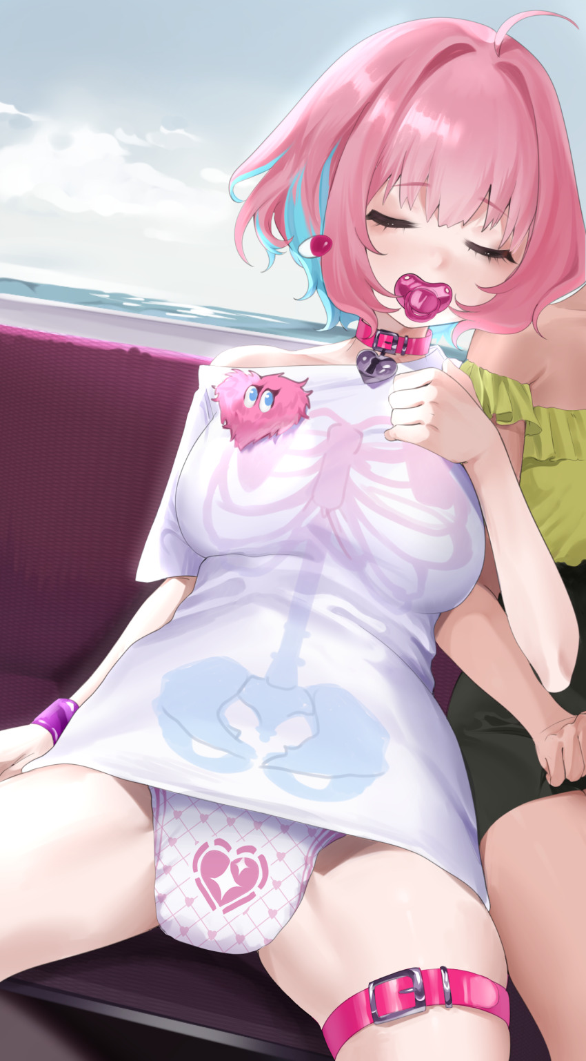 2girls, absurdres, ahoge, belt_collar, biocum, blue_hair, bob_cut, bracelet, character_request, choker, closed_eyes, collar, colored_inner_hair, diaper, diaper_under_clothes, earrings, female_focus, green_skirt, head_on_another's_shoulder, heart-shaped_ornament, heart_collar, highres, idolmaster, idolmaster_cinderella_girls, jewelry, leg_strap, multicolored_hair, multiple_girls, no_pants, pacifier, pencil_skirt, pill_earrings, pink_diaper, pink_hair, print_diaper, print_shirt, shirt, skirt, sleeping, sleeping_on_person, spread_legs, t-shirt, two-tone_hair, upshirt, white_shirt, yumemi_riamu, yuri
