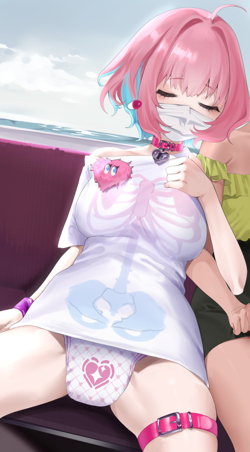 2girls, absurdres, ahoge, belt_collar, biocum, blue_hair, bob_cut, bracelet