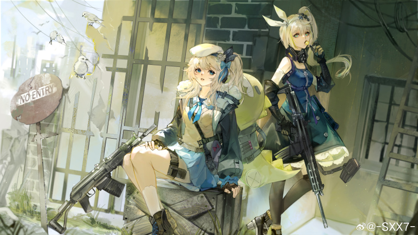 2girls, absurdres, aqua_eyes, assault_rifle, bag, battle_rifle, bird, black_gloves