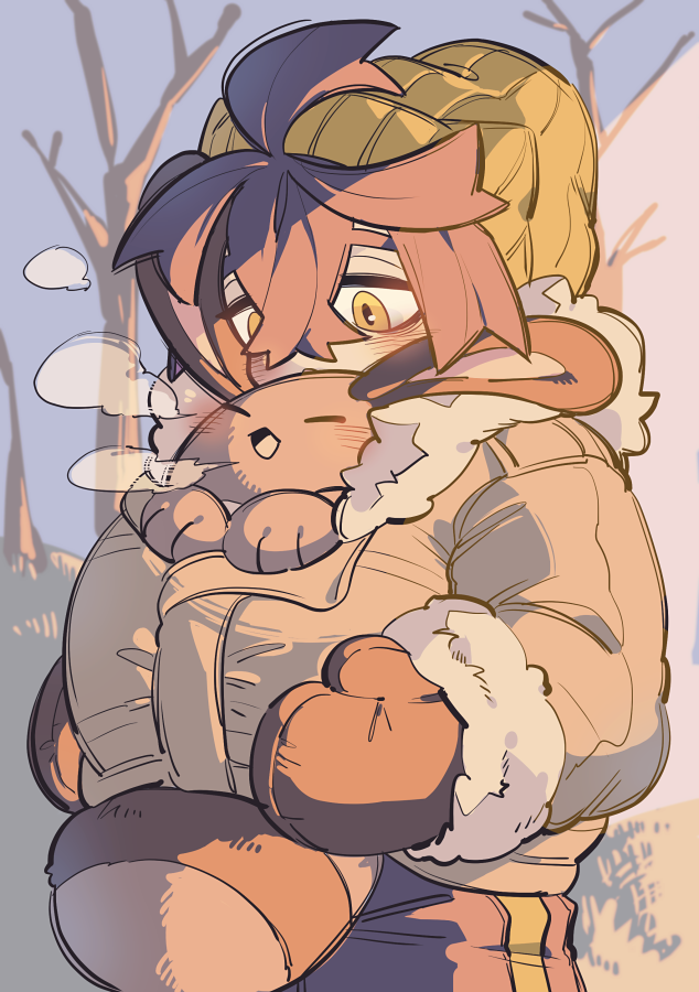 1boy, ahoge, animal, animal_in_clothes, beanie, black_hair, blush, coat