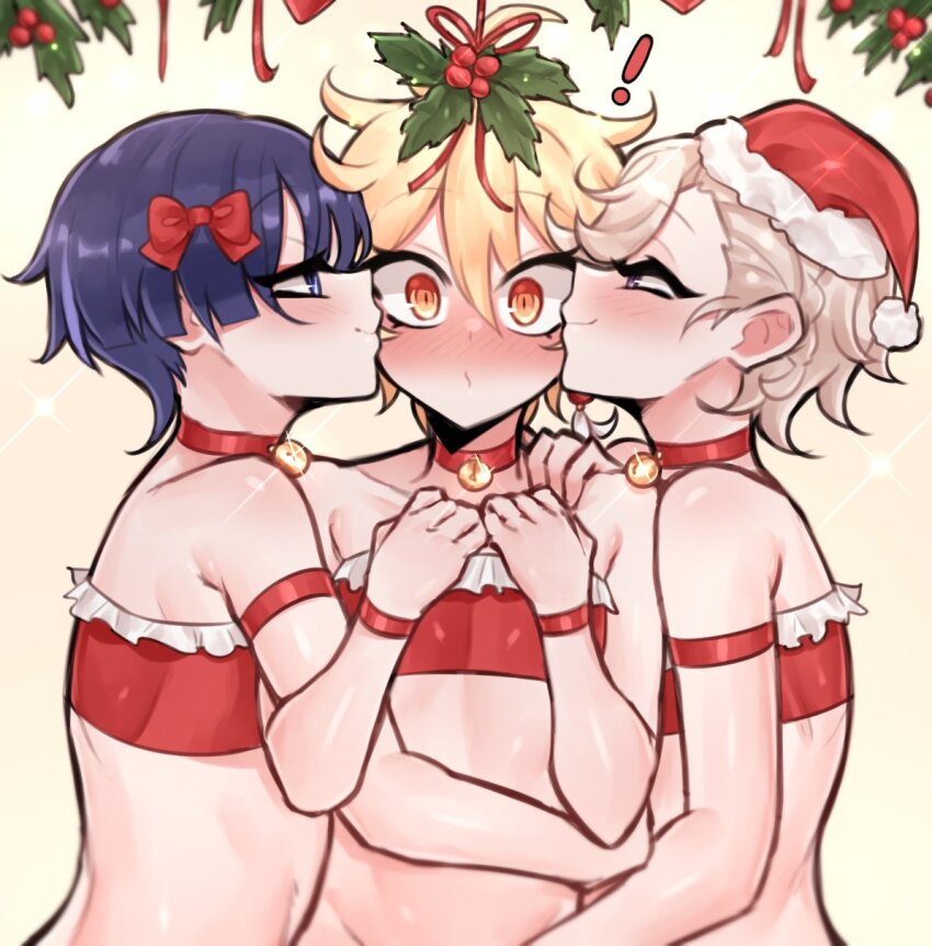 3boys, aether_(genshin_impact), androgynous, armband, bare_shoulders, bell, bikini, blonde_hair