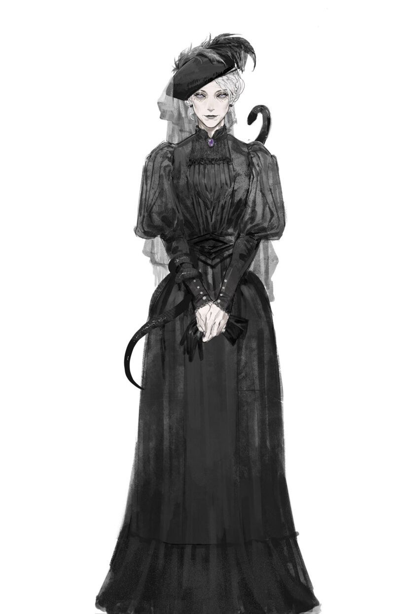 1girl, black_dress, black_gloves, black_hat, black_lips, brooch, chinese_commentary, collared_dress, commentary_request, dress, earrings, full_body, gem, gloves, hat, hat_feather, highres, jewelry, juliet_sleeves, light_smile, long_sleeves, looking_at_viewer, old, old_woman, original, own_hands_together, puffy_sleeves, purple_eyes, purple_gem, qi_dongye_yu, short_hair, simple_background, solo, standing, straight-on, unworn_gloves, v_arms, veil, white_background, white_hair, wrinkled_skin