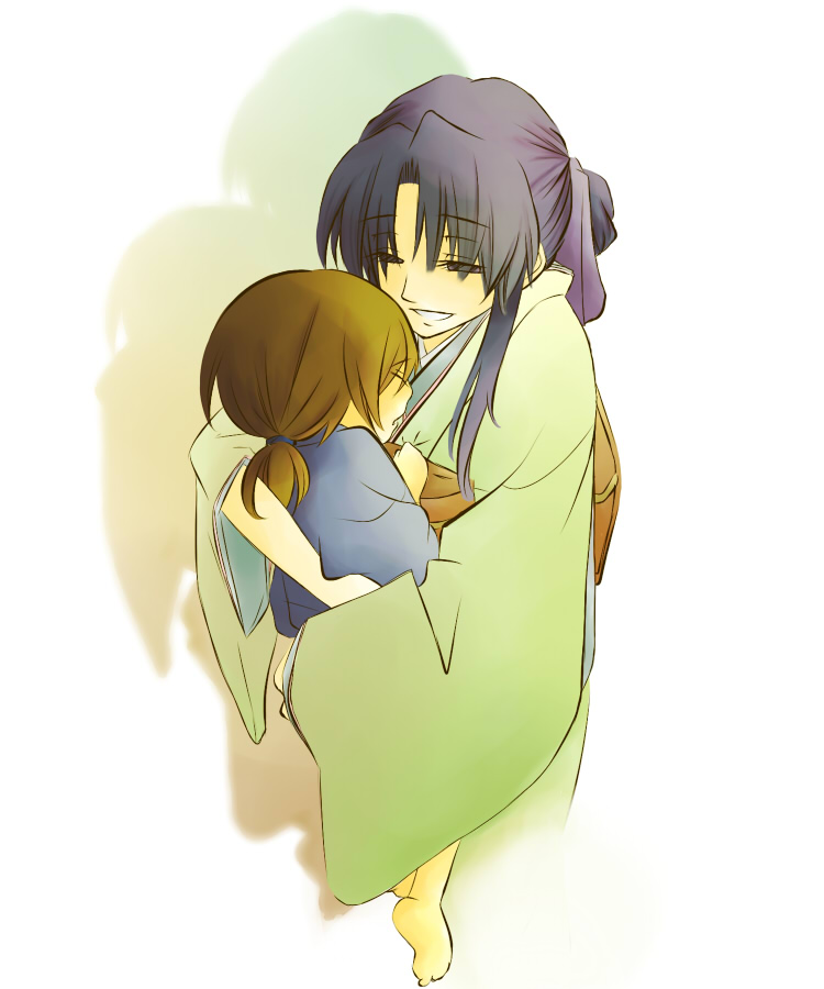 age_difference, baby, black_eyes, blue_hair, closed_eyes, himura_kenji, japanese_clothes, kamiya_kaoru, kimono, koyane, long_hair, mother_and_child, mother_and_son, orange_hair, parent_and_child, purple_ribbon, ribbon, rurouni_kenshin, smile