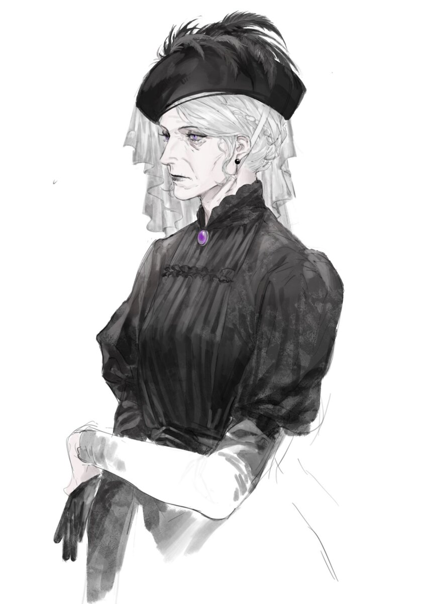 1girl, arm_across_waist, black_dress, black_gloves, black_hat, black_lips, braid, brooch, collared_dress, cropped_torso, crown_braid, dress, earrings, expressionless, from_side, gem, gloves, hat, hat_feather, highres, jewelry, looking_ahead, old, old_woman, original, purple_eyes, purple_gem, qi_dongye_yu, short_hair, simple_background, single_braid, solo, swept_bangs, upper_body, veil, white_background, white_hair, wrinkled_skin