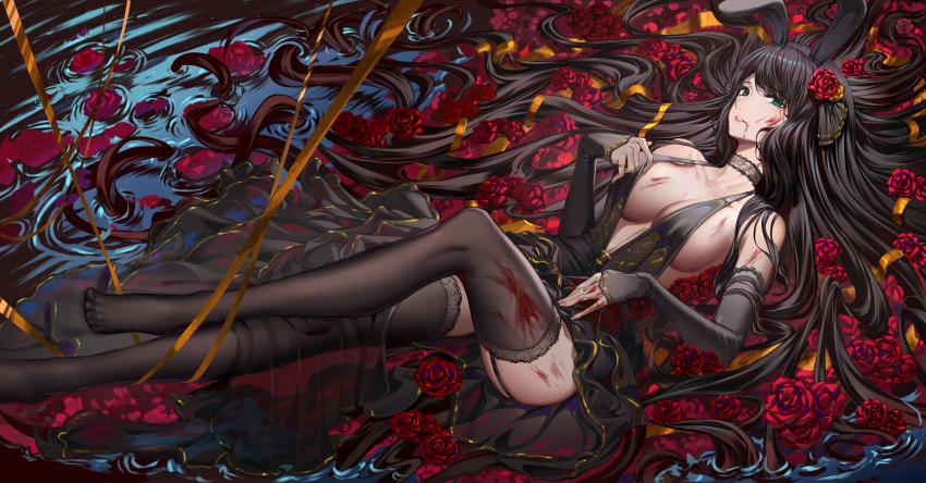 1girl, absurdres, adjusting_dress, alternate_hair_color, animal_ears, bare_shoulders, black_choker, black_dress