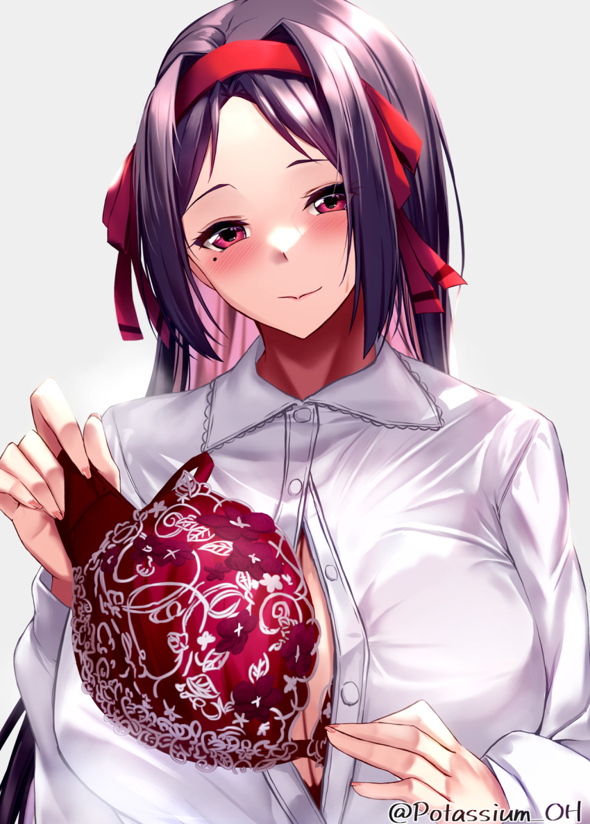 1girl, blush, bra, bra_visible_through_clothes, bralines, breasts, cleavage, collared_shirt, commentary_request, fingernails, floral_print, grey_background, hair_intakes, hairband, highres, holding, holding_bra, holding_unworn_clothes, holding_underwear, lace, lace_bra, large_breasts, long_hair, looking_at_viewer, mole, mole_under_eye, nogi_wakaba_wa_yuusha_de_aru, partially_unbuttoned, potassium_oh, print_bra, purple_hair, red_bra, red_eyes, red_hairband, red_ribbon, removing_bra, removing_bra_under_shirt, ribbon, shirt, simple_background, smile, solo, twitter_username, uesato_hinata, unbuttoned, unbuttoned_shirt, underwear, upper_body, white_shirt, yuusha_de_aru