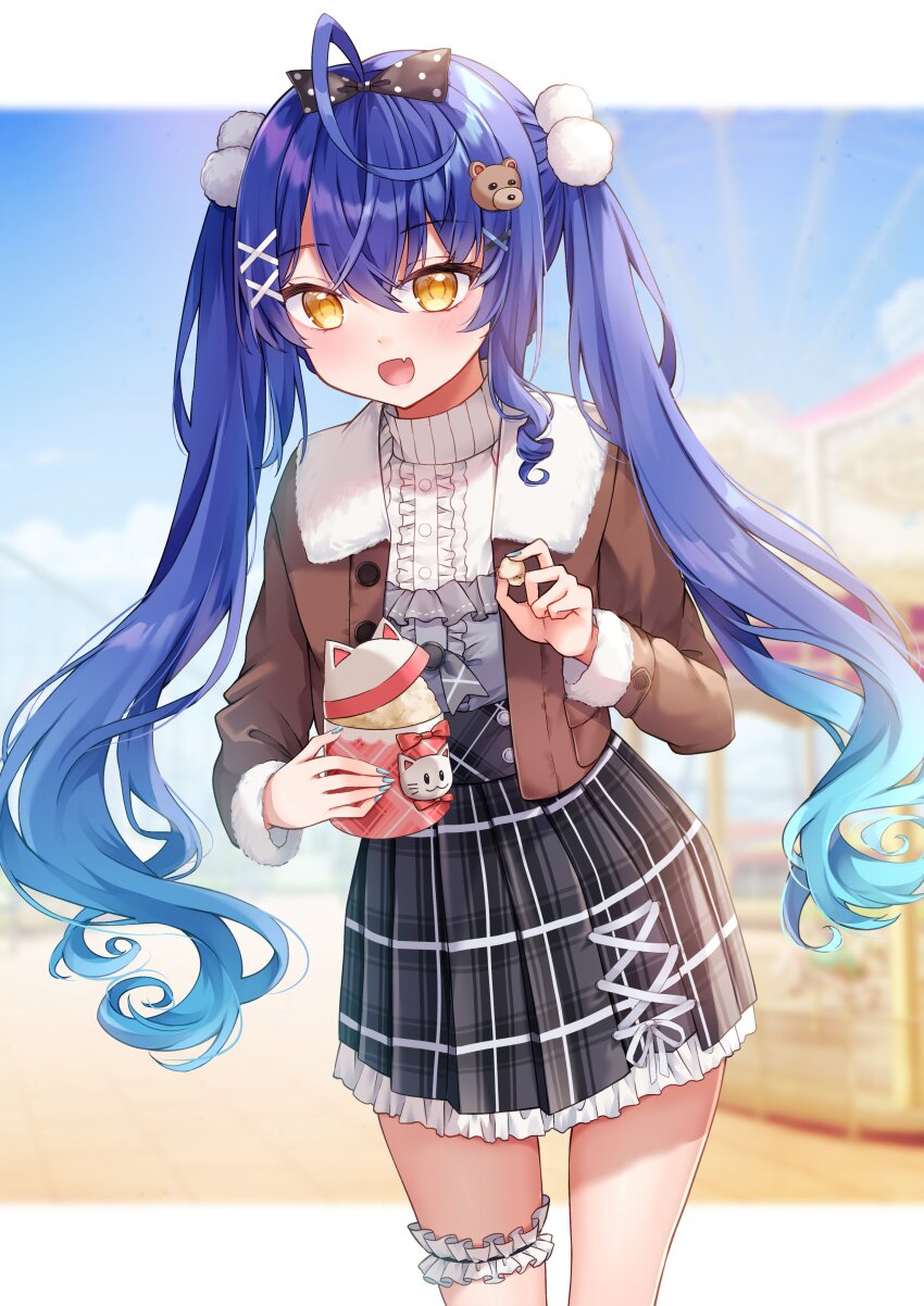 1girl, absurdres, ahoge, amamiya_kokoro, amamiya_kokoro_(8th_costume), bear_hair_ornament, black_skirt, blue_hair