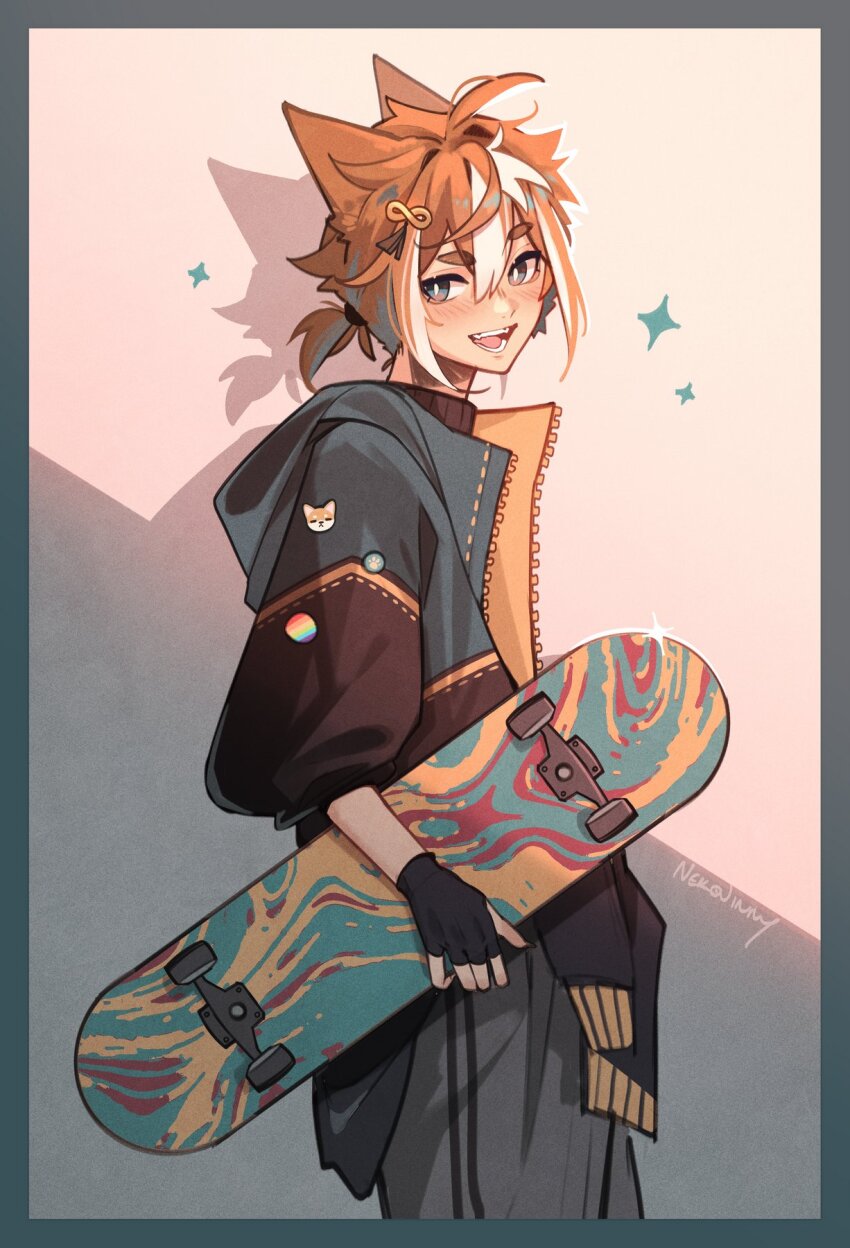 1boy, animal_ears, black_gloves, bow-shaped_hair, brown_hair, dog_boy, fingerless_gloves, genshin_impact