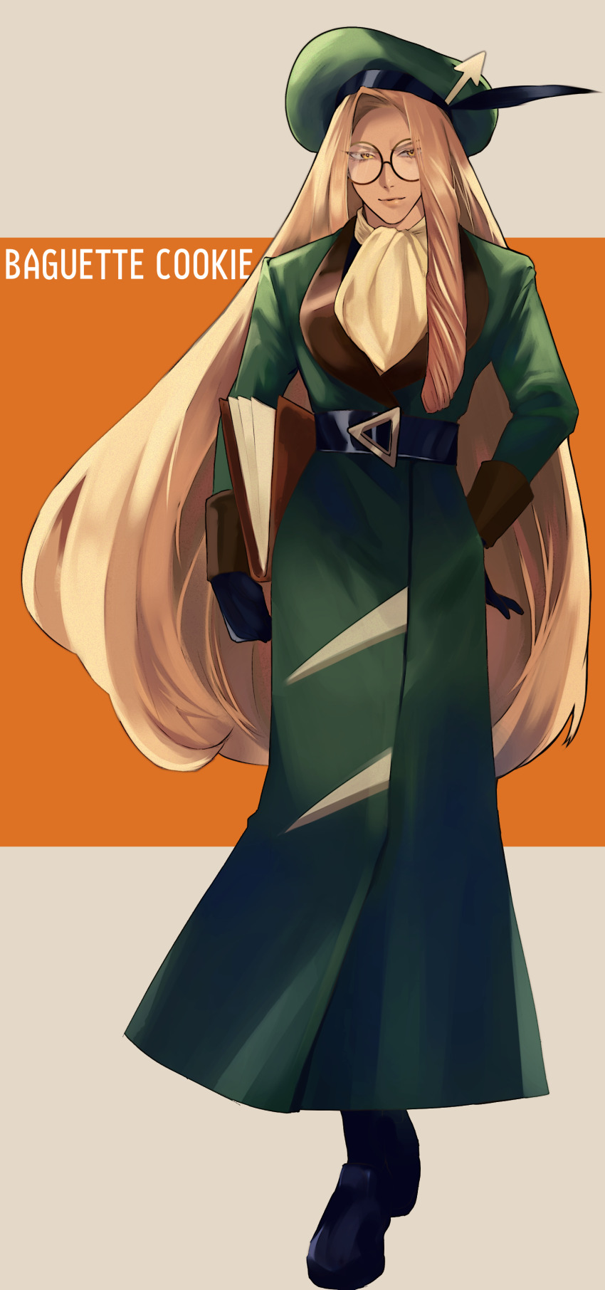 1girl, absurdres, artist_name, baguette_cookie, belt, black_shoes, book, character_name, cookie_run, cookie_run:_ovenbreak, full_body, gloves, green_headwear, highres, humanization, looking_at_viewer, nekoyasiki33, orange_eyes, orange_hair, personification, shoes, solo