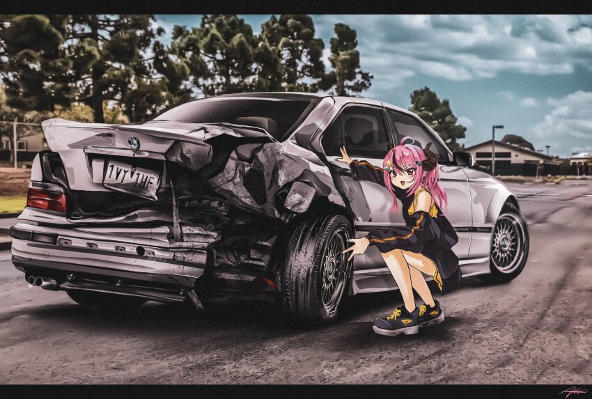1girl, black_hair, black_jacket, black_shoes, bmw, bmw_3_series, bmw_e36, car, cloud, damaged, highres, horns, jacket, letterboxed, license_plate, looking_at_viewer, motor_vehicle, multicolored_hair, nougat_(no_9ada), original, pink_eyes, pink_hair, ponytail, shirt, shoes, signature, skirt, sky, smile, sneakers, solo, streaked_hair, tree, v-shaped_eyebrows, vehicle_focus, yellow_shirt, yellow_skirt