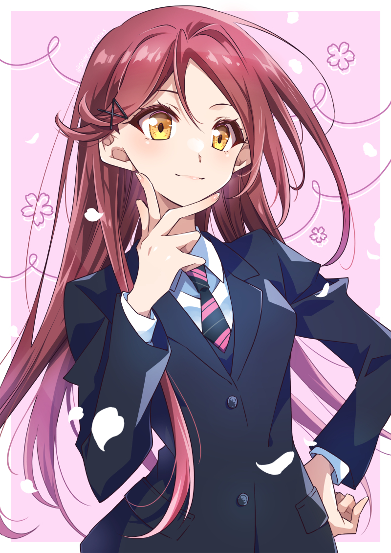 1girl, long_hair, long_sleeves, looking_at_viewer, love_live!, love_live!_sunshine!!, necktie, red_hair, sakurauchi_riko, shide13102, smile, solo, yellow_eyes