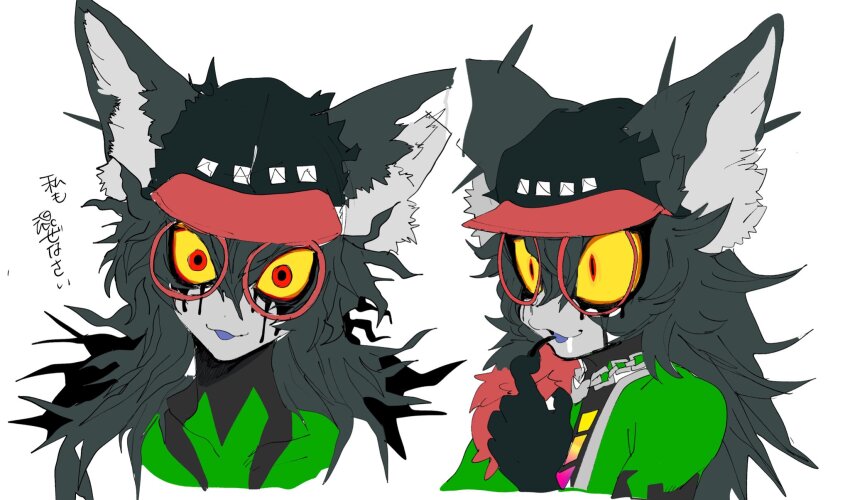 1boy, animal_ear_fluff, animal_ears, black_headwear, newsboy_cap, chain, claws, colored_sclera, colored_skin, cropped_torso, drooling, finger_to_mouth, glasses, green_hair, grey_skin, hair_between_eyes, hand_up, hat, highres, long_hair, looking_at_viewer, male_focus, master_detective_archives:_rain_code, monster_boy, multicolored_skin, multiple_views, mystery_phantom, na_6, open_mouth, red-framed_eyewear, red_eyes, round_eyewear, simple_background, spoilers, upper_body, white_background, yellow_sclera, zilch_alexander