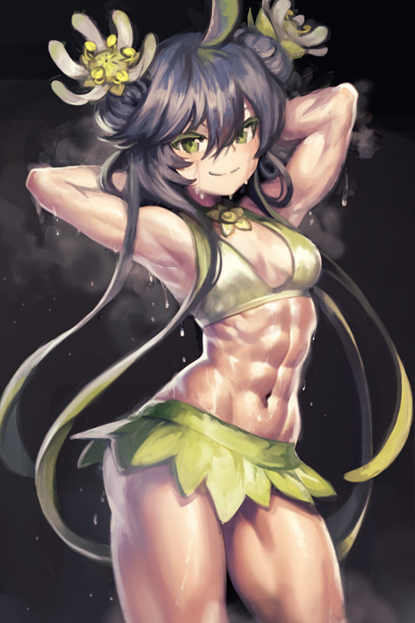 1girl, abs, arms_behind_head, arms_up, bikini, black_background, black_hair, breasts