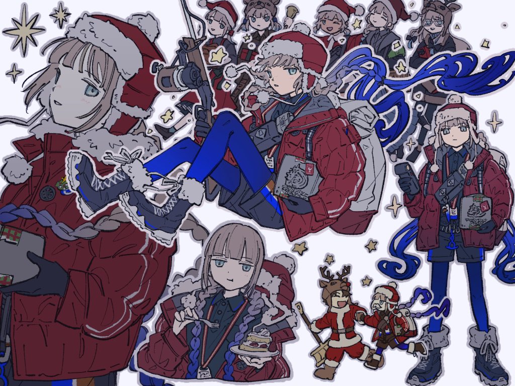 3boys, 3girls, alternate_costume, animal_hood, baker_nemo_(fate), baker_nemo_(santa)_(fate), bell, black_footwear