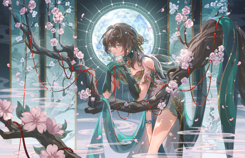 1girl, aqua_eyes, bare_shoulders, beads, black_hair, blue_gloves, breasts, chinese_clothes