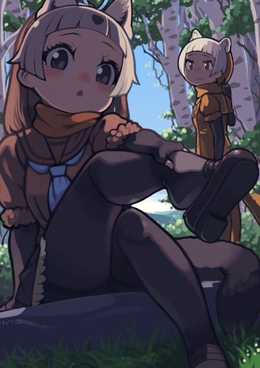 2girls, animal_ears, black_pantyhose, blue_neckerchief, blunt_bangs, blush, brown_footwear, brown_hair, brown_skirt, brown_sweater, extra_ears, frilled_skirt, frills, fur_trim, green_eyes, highres, japanese_marten_(kemono_friends), kemono_friends, kemono_friends_3, loafers, long_hair, looking_at_viewer, multicolored_hair, multiple_girls, neckerchief, orange_fur, orange_hair, orange_scarf, orange_sweater, pantyhose, pleated_skirt, puffy_short_sleeves, puffy_sleeves, rinx, sable_(kemono_friends), sailor_collar, scarf, shoe_dangle, shoes, short_hair, short_sleeves, sidelocks, sitting, skirt, sweater, tail, two-tone_hair, white_hair