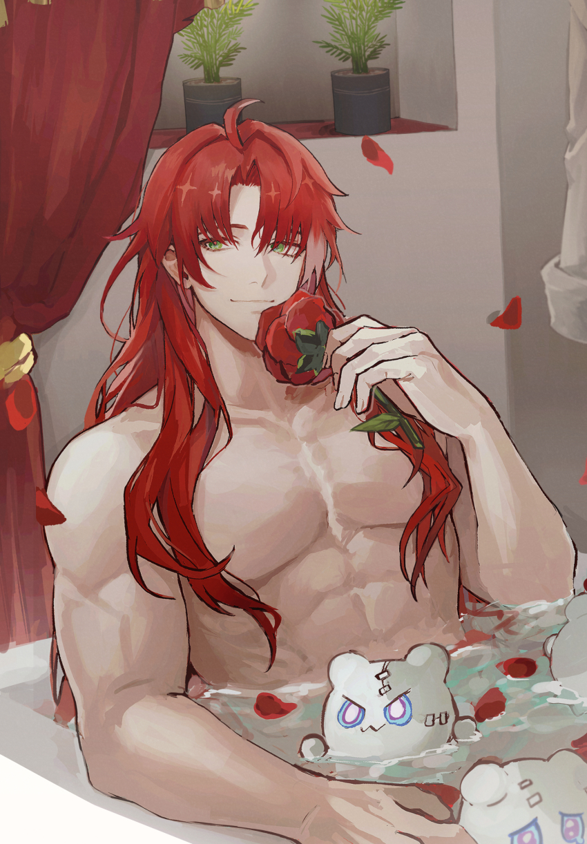 1boy, 1other, abs, ahoge, androgynous, argenti_(honkai:_star_rail), bathing, bathtub, closed_mouth, covered_erect_nipples, flower, highres, holding, holding_flower, honkai:_star_rail, honkai_(series), kkong_x, korean_commentary, long_hair, male_focus, multicolored_hair, nude, parted_bangs, petals, plant, red_flower, red_petals, red_rose, rose, smile, streaked_hair, topless_male, wubbaboo_(honkai:_star_rail)