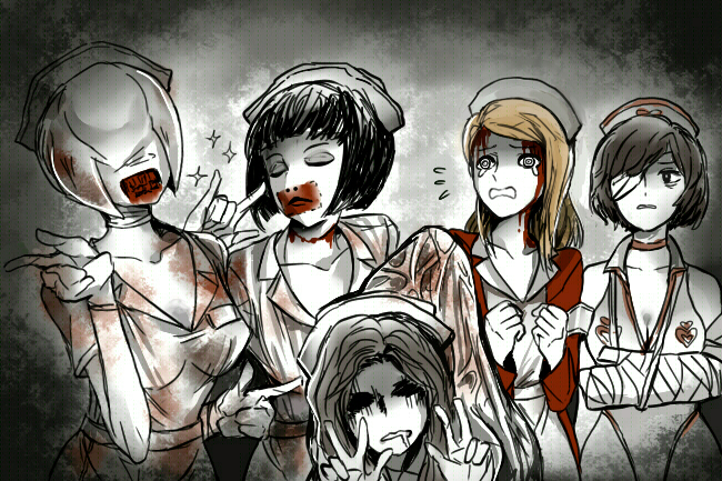 \m/, bandages, black_hair, blood, bob_cut, bubble_head_nurse, collarbone, crying