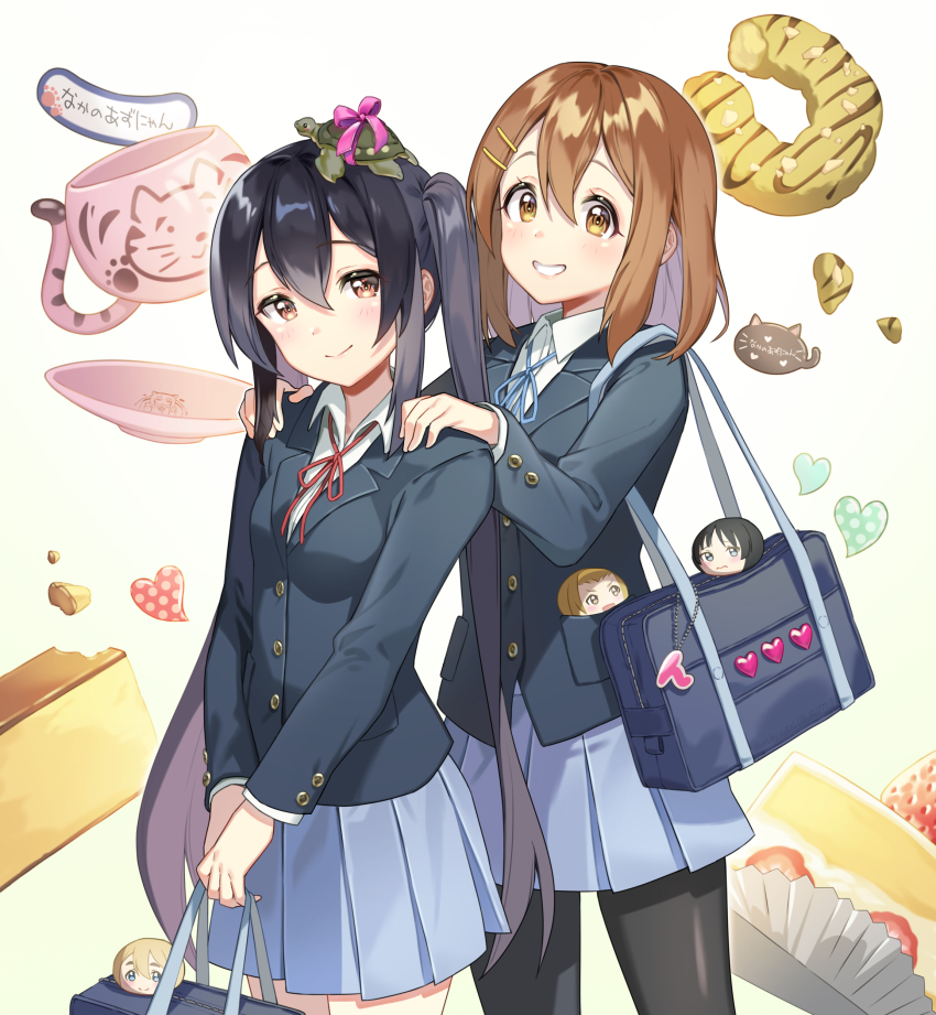 2girls, absurdres, akiyama_mio, animal, animal_on_head, bag, black_hair, black_pantyhose