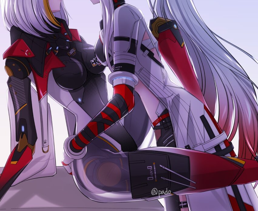 01pado_pado, 2girls, alpha_(pgr), black_bra, bodysuit, bra, cyborg, gradient_hair