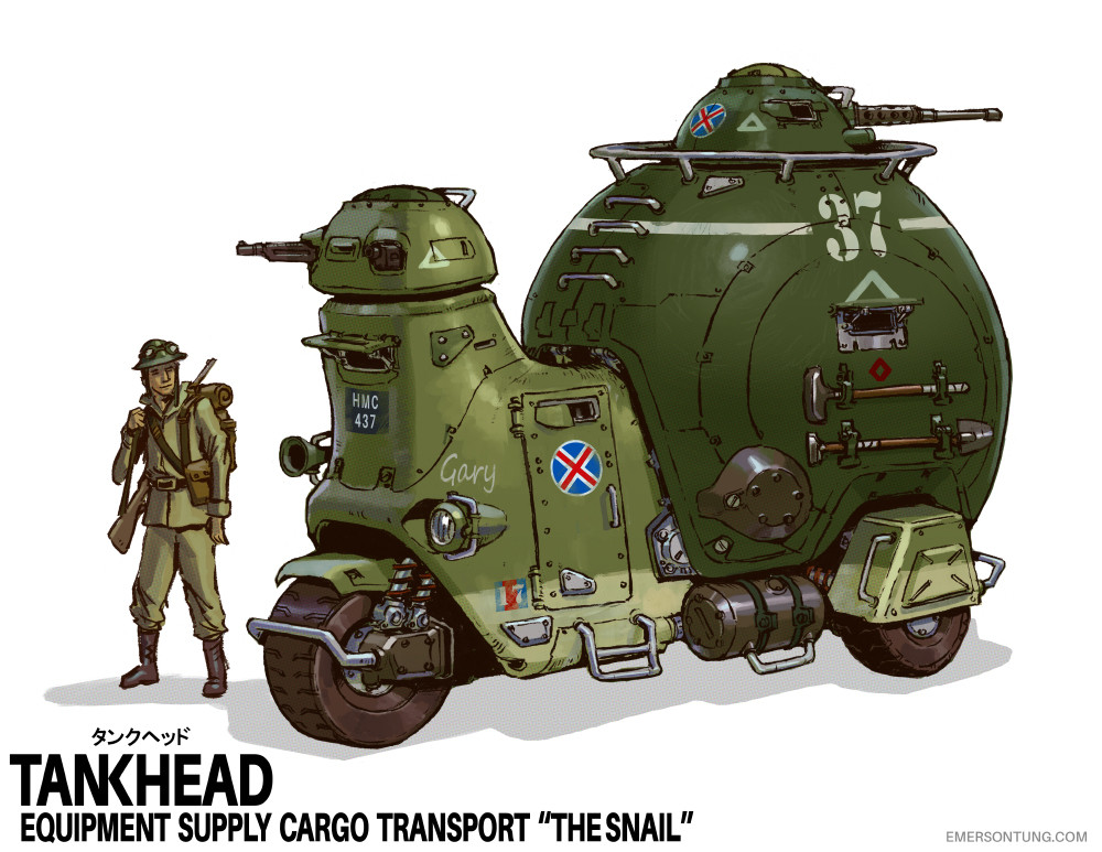 1boy, animal-themed_vehicle, british_army, car, combat_helmet, dieselpunk, emerson_tung, english_text