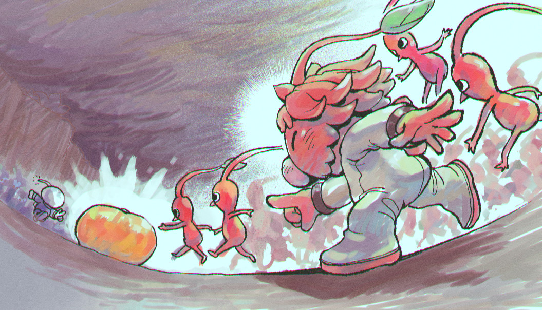 1boy, 1other, ambiguous_gender, army, asaikaina, backpack, bag, battle, large_nose, black_eyes, clenched_hand, closed_eyes, commentary_request, food, fruit, gloves, glowing, helmet, jumpsuit, leaf, leafling, nintendo, no_mouth, oversized_food, oversized_object, persimmon, pikmin_(series), pointing, pointing_forward, pointy_nose, purple_jumpsuit, radio_antenna, red_bag, red_fur, red_gloves, red_leafling, red_pikmin, red_skirt, rescue_officer_(pikmin), shadow, skirt, space_helmet, spacesuit, underground, white_gloves