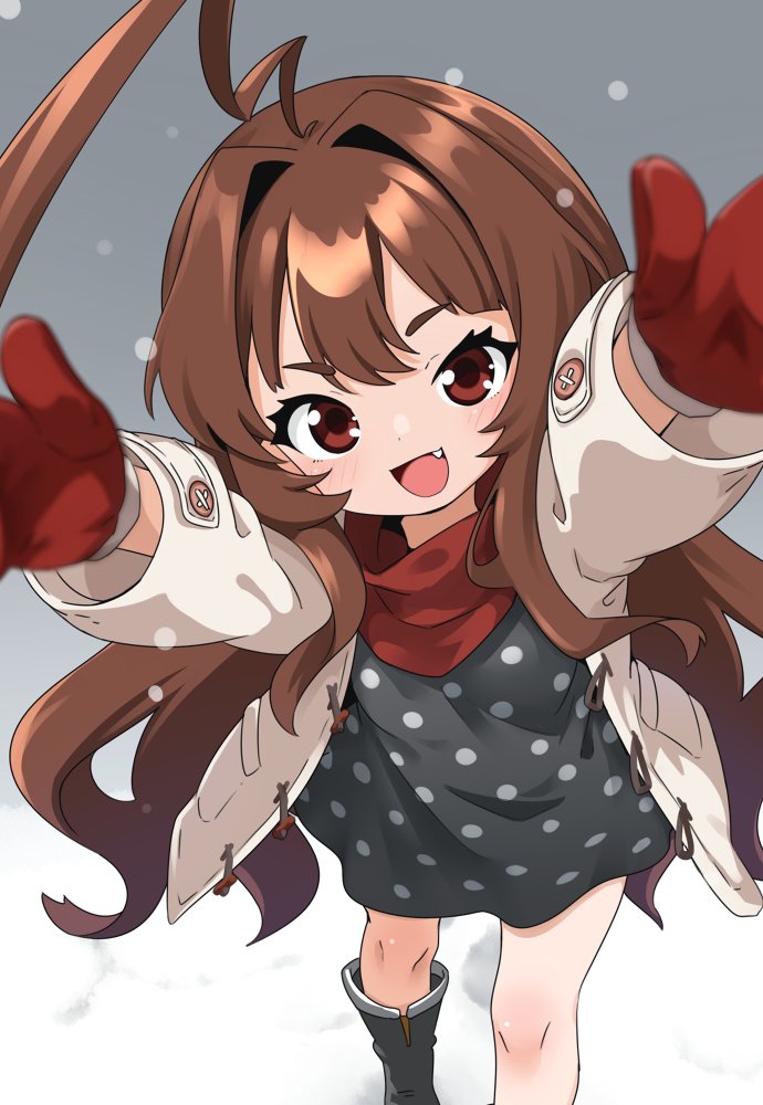 1girl, :d, ahoge, black_boots, black_dress, blush, boots, breasts, brown_hair, coat, commentary_request, dress, fang, gloves, hair_between_eyes, hair_intakes, huge_ahoge, kantai_collection, kuma_(kancolle), kuma_(valentine)_(kancolle), long_hair, looking_at_viewer, nassukun, open_mouth, polka_dot, polka_dot_dress, reaching, reaching_towards_viewer, red_eyes, red_gloves, red_scarf, scarf, small_breasts, smile, solo, standing, v-shaped_eyebrows, white_coat, wide_sleeves