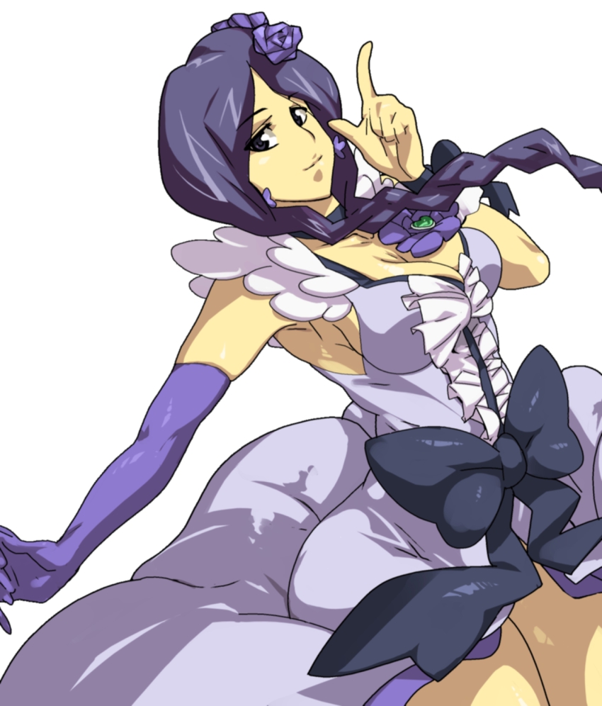 1girl, black_eyes, black_ribbon, bleach, blue_hair, bow, bowtie, braid, breasts, choker, cleavage, cosplay, cure_moonlight, cure_moonlight_(cosplay), dress, earrings, elbow_gloves, female_focus, gloves, highres, hisakawa_aya, jewelry, long_hair, ma_(pixiv1936865), ribbon, simple_background, single_braid, solo, unohana_retsu, voice_actor_connection, white_background, wristband