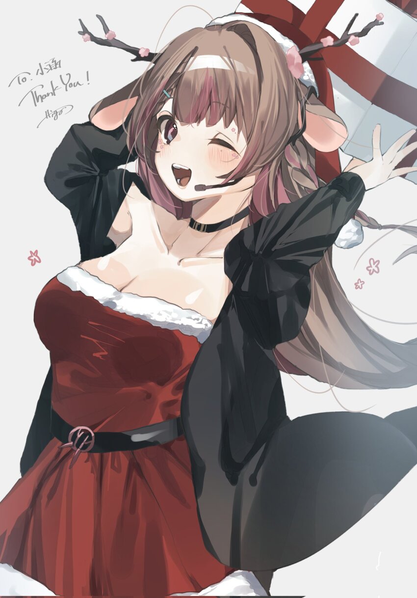 1girl, ;d, animal_ears, antlers, belt, black_belt, black_choker, black_jacket, blue_eyes, breasts, brown_hair, choker, christmas, cleavage, deer_antlers, deer_ears, dress, exitus, gradient_eyes, hat, headset, highres, horns, jacket, kannazuki_lubee, long_hair, medium_breasts, multicolored_eyes, multicolored_hair, one_eye_closed, open_clothes, open_jacket, open_mouth, pink_eyes, pink_hair, red_dress, santa_hat, smile, solo, streaked_hair, youzek0611