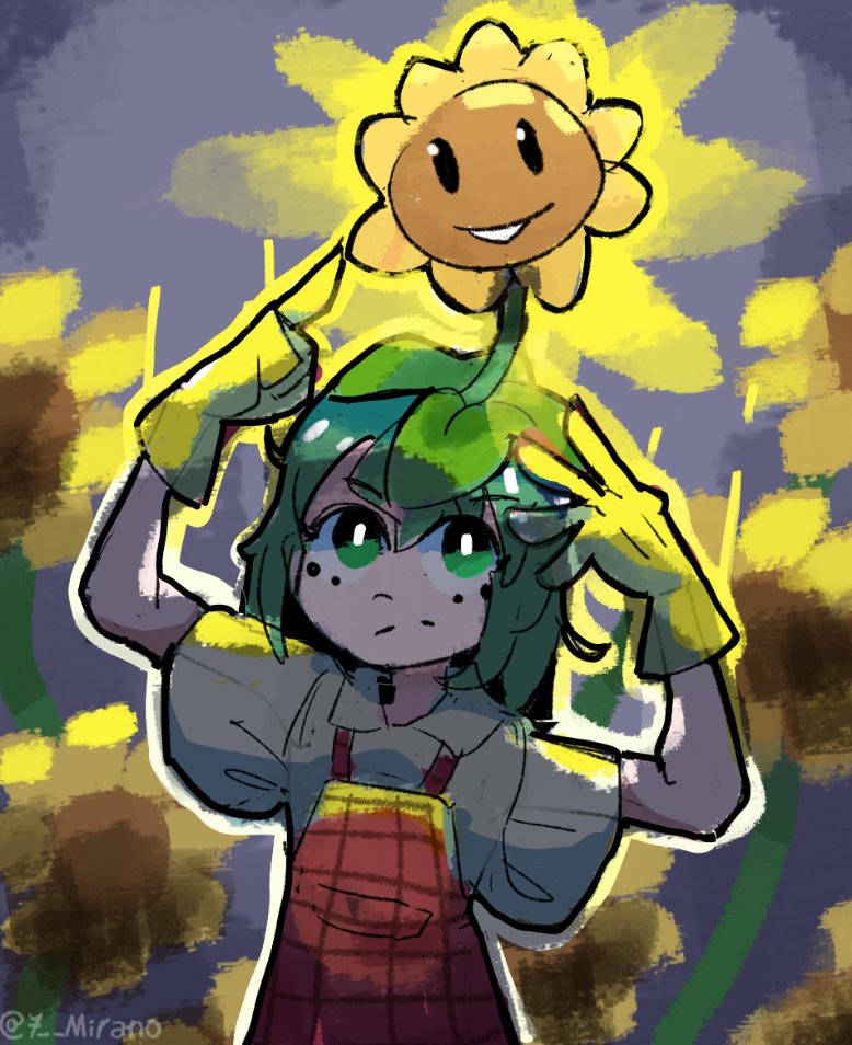 1girl, 7-mirano, apron, black_eyes, closed_mouth, collared_shirt, commentary, english_commentary, eyelashes, floral_background, flower, frown, gloves, glowing, green_eyes, green_hair, grey_background, kazami_yuuka, looking_at_another, looking_up, medium_hair, open_mouth, plaid_apron, plaid_clothes, plants_vs._zombies, red_apron, rubber_gloves, shirt, short_sleeves, smile, solid_oval_eyes, solo, sunflower, sunflower_(plants_vs._zombies), touhou, twitter_username, upper_body, white_shirt, white_sleeves, wide_sleeves, yellow_flower, yellow_gloves