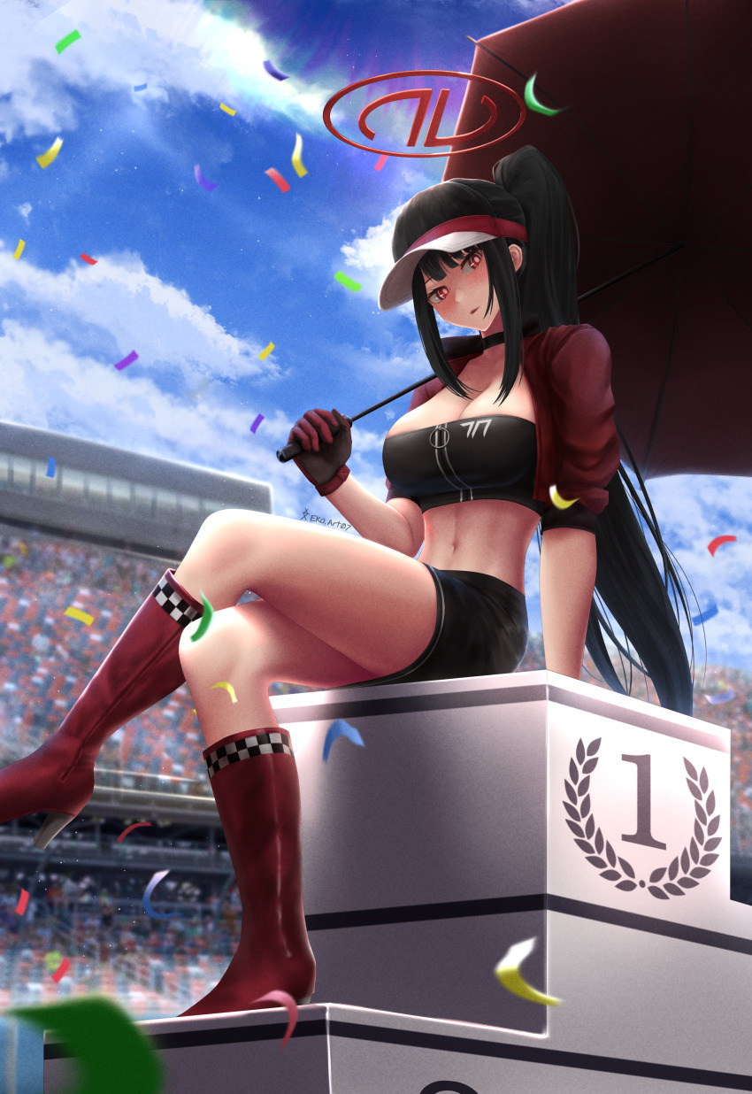 1girl, absurdres, alternate_hairstyle, bandeau, black_bandeau, black_hair, black_skirt, blue_archive