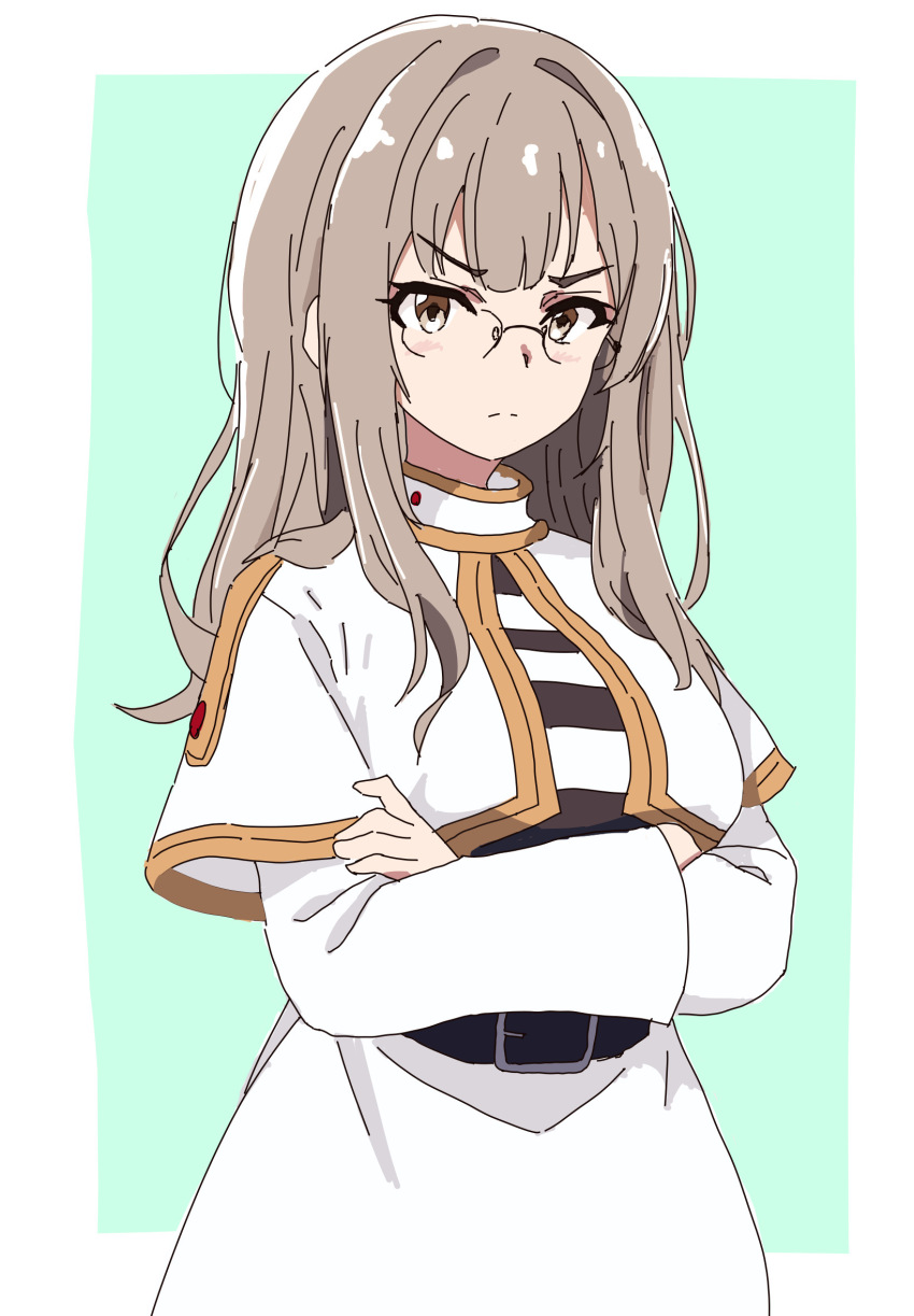 1girl, apiss, belt, black_belt, breasts, brown_eyes, brown_hair, capelet
