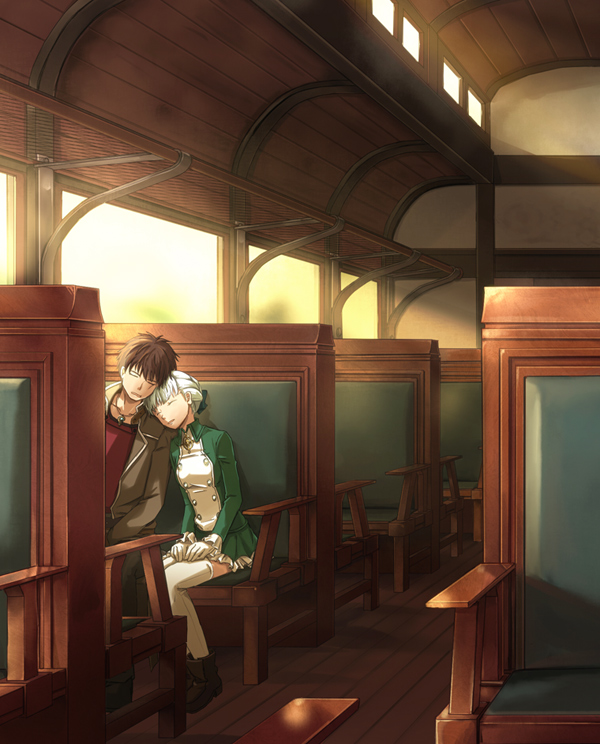 1boy, 1girl, alice_elliot, asatsuki_kamo, blue_ribbon, boots, brown_hair, closed_eyes