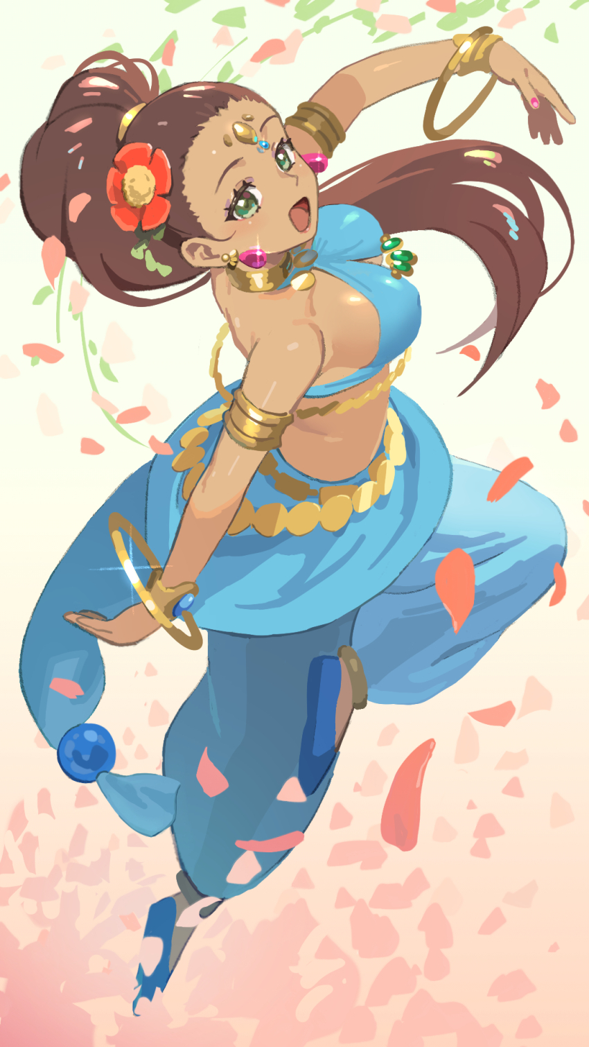 1girl, armlet, bangle, bard_(sekaiju), bard_5_(sekaiju), bare_shoulders, belly_chain, blue_footwear, blue_pants, bracelet, breasts, brown_hair, commentary_request, dancer_(sekaiju), dancer_5_(sekaiju), dark-skinned_female, dark_skin, earrings, etrian_odyssey, flower, forehead_jewel, full_body, green_eyes, hair_flower, hair_ornament, halterneck, harem_outfit, highres, jewelry, large_breasts, long_hair, looking_at_viewer, mya-zawa, neck_ring, open_mouth, pants, petals, ponytail, sekaiju_no_meikyuu_hd, smile, solo