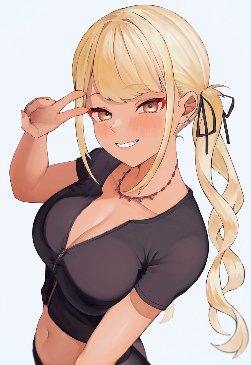 1girl, absurdres, amatou_(ko_me_9), black_pants, black_ribbon, black_shirt, blonde_hair, blush, breasts, cleavage, crop_top, dark-skinned_female, dark_skin, grin, gyaru, hair_ornament, hair_ribbon, highres, kaminari_qpi, kaminari_qpi_(2nd_costume), large_breasts, long_hair, looking_at_viewer, midriff, navel, orange_eyes, orange_nails, pants, partially_unzipped, ribbon, shirt, short_sleeves, simple_background, smile, solo, spiked_necklace, swept_bangs, twintails, upper_body, v, virtual_youtuber, vspo!, white_background, zipper, zipper_pull_tab