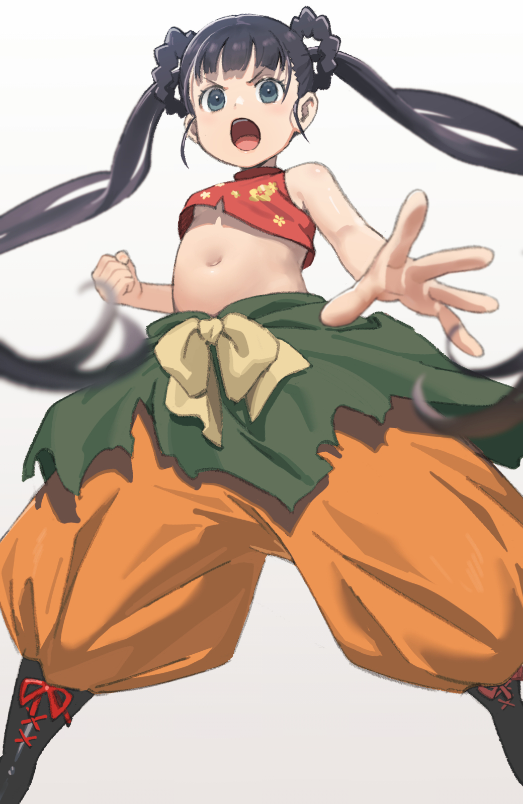 1girl, bare_shoulders, belly, black_eyes, black_hair, boots, breasts, crop_top, etrian_odyssey, female_focus, fighting_stance, from_below, grey_background, hair_rings, highres, loli, long_hair, looking_at_viewer, monk_(sekaiju), monk_2_(sekaiju), mya-zawa, navel, open_mouth, orange_pants, pants, red_shirt, sekaiju_no_meikyuu, sekaiju_no_meikyuu_3, shirt, simple_background, sleeveless, sleeveless_shirt, small_breasts, solo, standing, twintails, underboob, upshirt