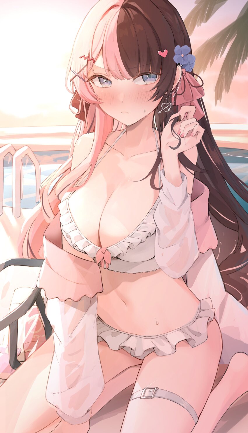 1girl, absurdres, barefoot, bikini, blue_eyes, blush, bow, breasts