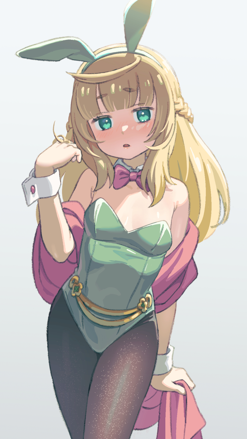 1girl, alchemist_(sekaiju), alchemist_5_(sekaiju), animal_ears, bare_shoulders, black_pantyhose, blonde_hair, blush, bow, bowtie, braid, breasts, cowboy_shot, detached_collar, etrian_odyssey, expressionless, fake_animal_ears, french_braid, gradient_background, green_eyes, green_leotard, highres, leotard, long_hair, looking_at_viewer, mya-zawa, pantyhose, parted_lips, playboy_bunny, rabbit_ears, sekaiju_no_meikyuu_hd, shawl, small_breasts, solo, wrist_cuffs
